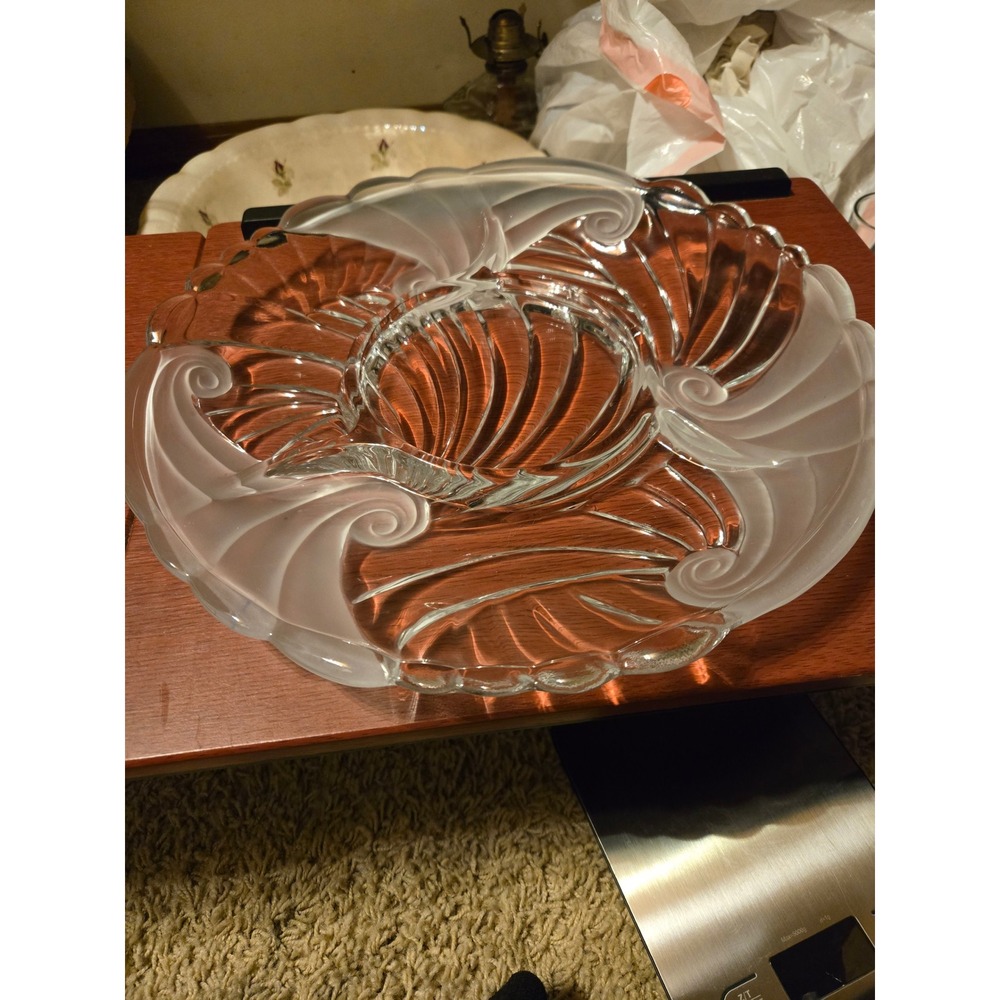 Vintage Art‎ Deco Frosted Clear Glass Shell Scroll Divided Serving Platter Tray